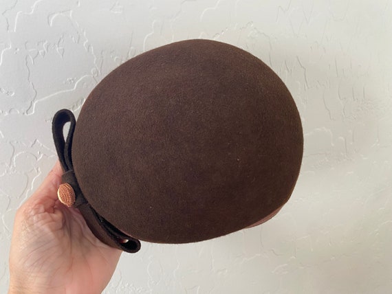 Pillbox Hat Vintage 1940s Brown Wool Felt Bow - image 8