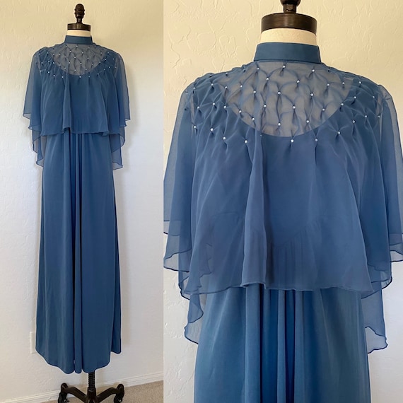 Maxi Dress Capelet Vintage 1970s Blue Polyester Rh