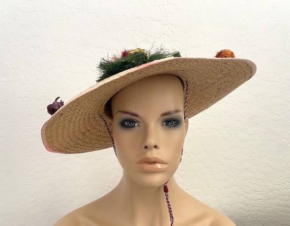 Sun Hat Vintage 1950s Beige Straw Wide Brim Raffi… - image 2