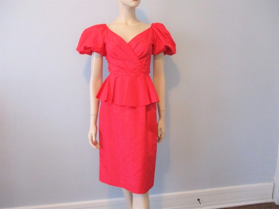 Hot Pink Cocktail Dress Vintage 1980s Exaggerated… - image 1
