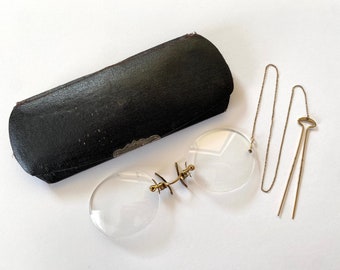 Pince Nez Spectacles, Antique années 1920, peigne à cheveux, chaîne, étui rigide, lunettes de vue