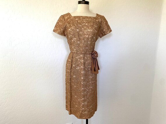 Wiggle Dress Vintage 1960s Brown Illusion Lace Co… - image 2