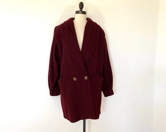 DONNYBROOK Coat Vintage 1970s Plum Wool Shawl Collar Pockets