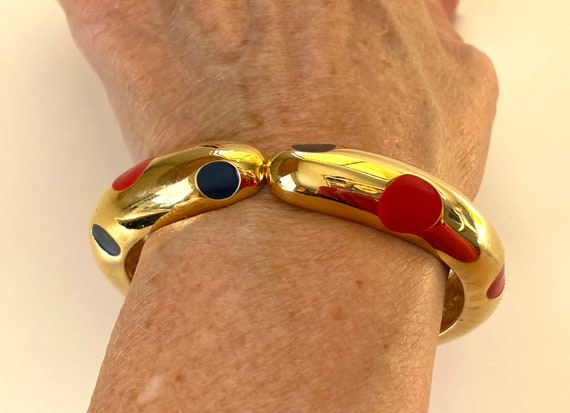 Clamper Bracelet Vintage 1980s Gold Plated Red Bl… - image 8