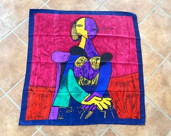 PICASSO Scarf Vintage 1980s Colorful Large Cubist Woman Accessory