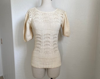 Pullover Sweater Vintage 1980s Beige Cotton Puffy Sleeves