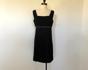 Cocktail Dress Vintage 1960s Black Shift Rhinestones Fringe