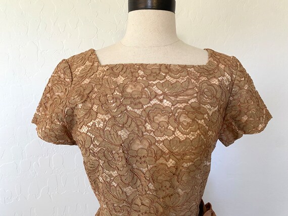 Wiggle Dress Vintage 1960s Brown Illusion Lace Co… - image 3