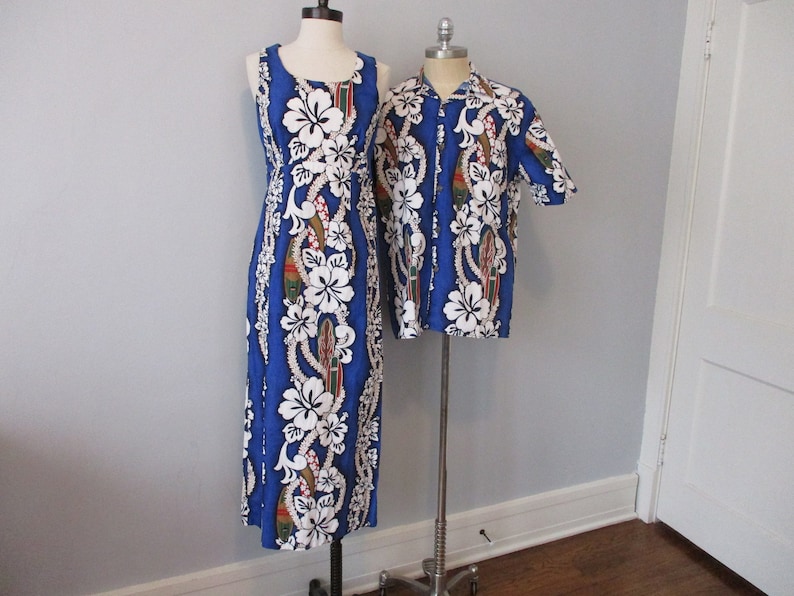 HILO HATTIE Hawaiian Set Vintage 1960s Blue Floral Cotton Sleeveless Maxi Dress Button Down Short Sleeve Shirt