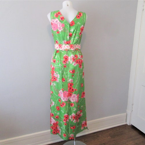 Floral Maxi shops Dress Vintage 1970s Green Pink Sleeveless Wrap Around