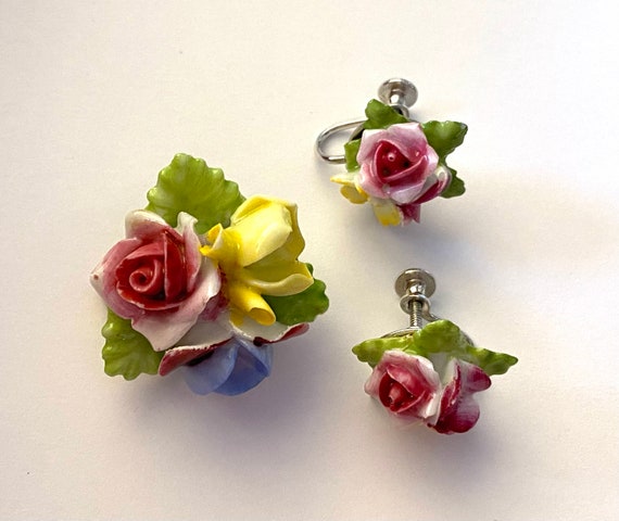 Occupied Japan Jewelry Set Vintage 1940s Rose Bon… - image 2