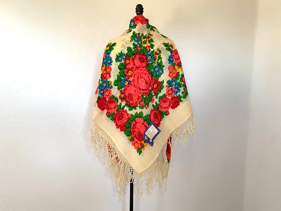 Ukranian Wool Scarf Vintage 1960s Red Rose Beige … - image 1