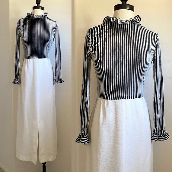 RONTINI Dress Vintage 1970s Black White Striped R… - image 1