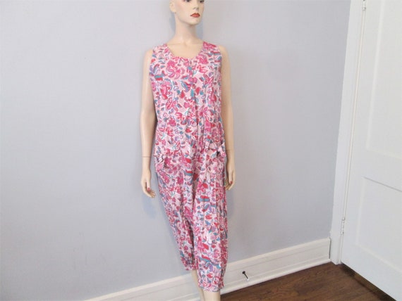 Vintage 1980s Jumpsuit Hot Pink Floral India Cotto