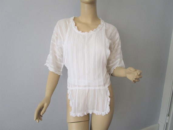 Antique Blouse White Cotton Striped Wrap Around P… - image 1