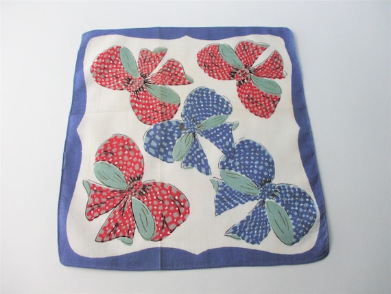 Novelty Bows Handkerchief Vintage 1940s Red Blue H