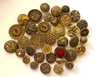 Antique Buttons Mixed Lot 37 Brass Metal Picture Sewing Supply