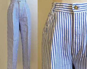 GLORIA VANDERBILT pantalon vintage des années 1990 à rayures bleues et blanches en denim de coton taille haute plissée à la cheville