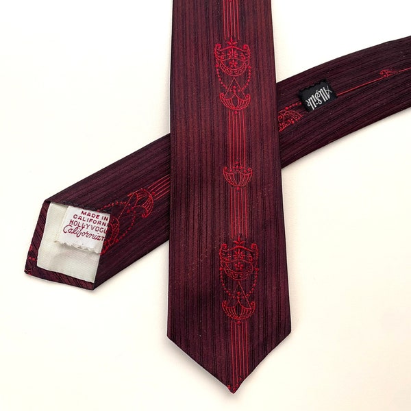 HOLLYVOGUE CALIFORNIA Skinny Tie Vintage 1950s 1960s Red Black Pure Silk Necktie