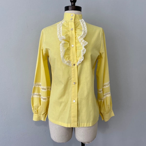 Blouse Vintage 1970s Yellow Dotted Swiss Ruffle