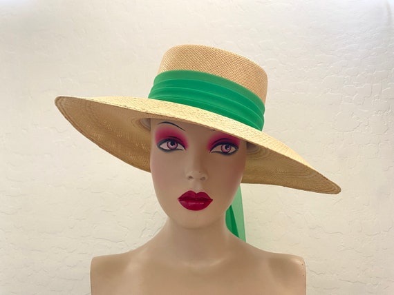 Vintage Louise Green 100% Straw Derby Hat Women's M/L Woven Wide Brim Band  Bow