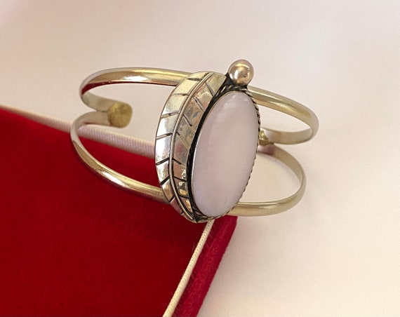 Cuff Bracelet Vintage 1940s Sterling Silver Pink … - image 1