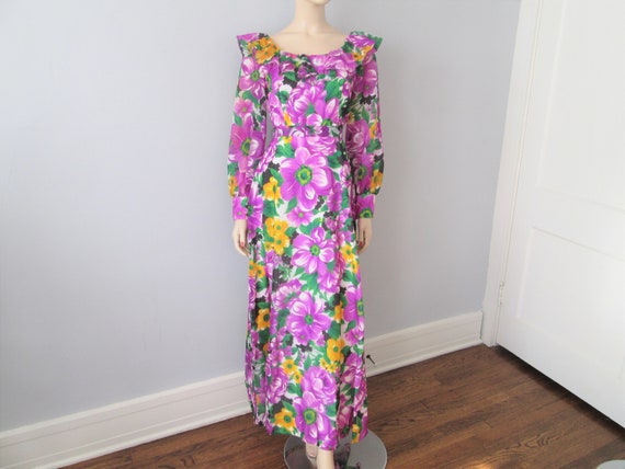 Floral Maxi Dress Vintage 1960s Boho Ruffle Purple