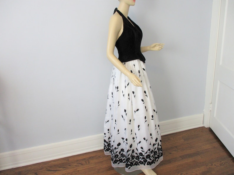 Vintage 1980s Prom Dress Evening Gown Black Velvet Halter Backless White Flocked Floral Maxi Skirt