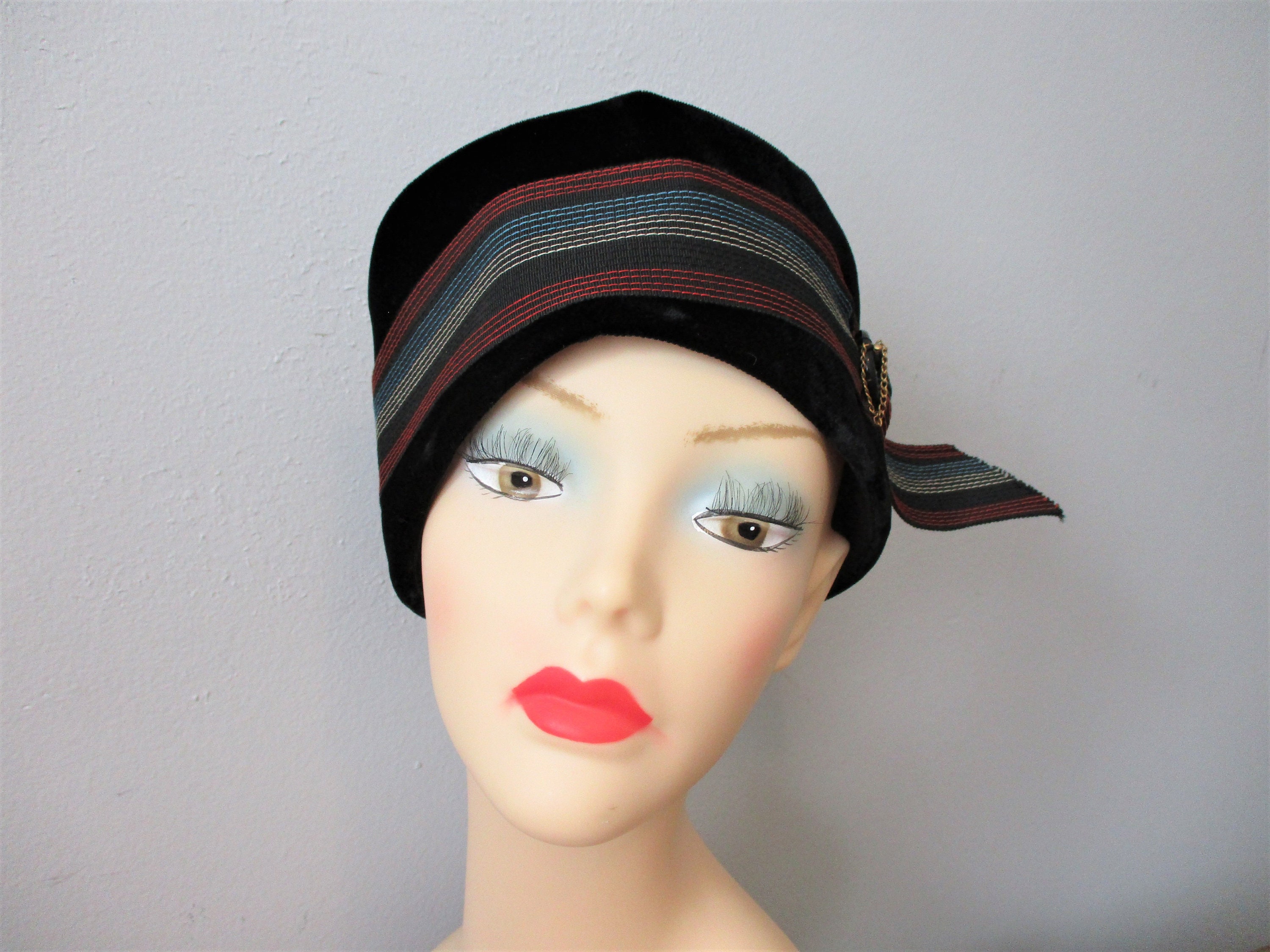 Pillbox Hat Vintage 1950s Black Velvet Striped Ribbon Band | Etsy