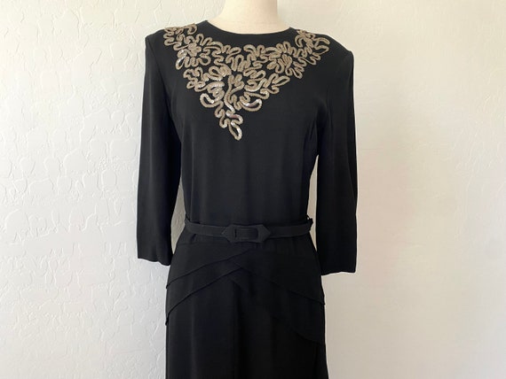 Vintage 1940s Dress Black Beaded Crepe Peplum Belt - image 2