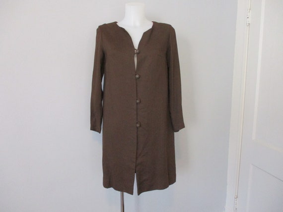 Mod Jacket Vintage 1960s Long Brown Linen Button Front | Etsy