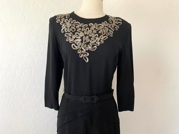 Vintage 1940s Dress Black Beaded Crepe Peplum Belt - image 3