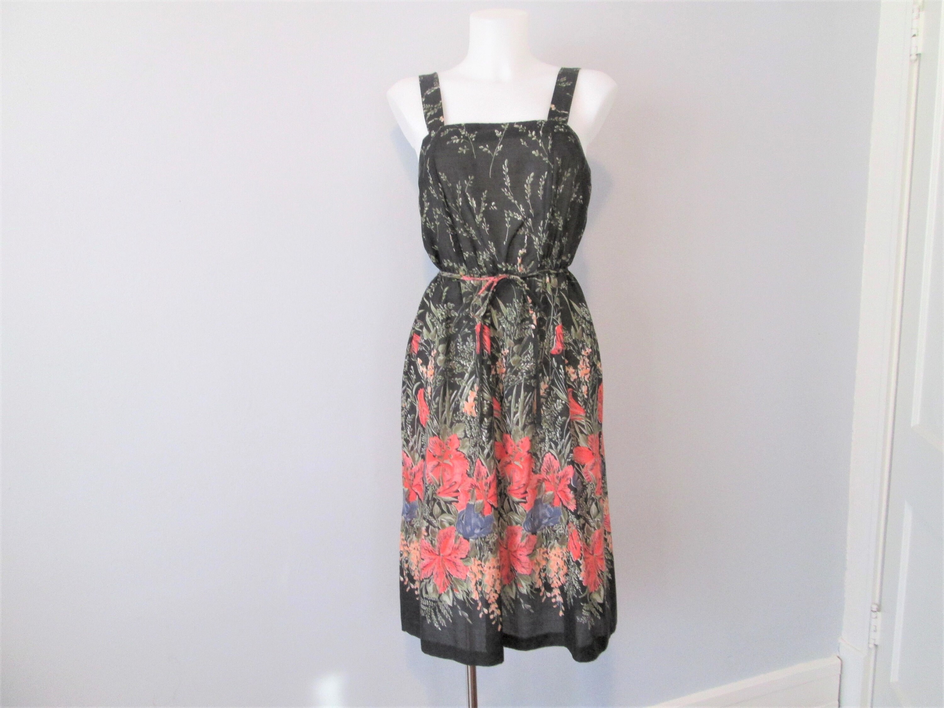 Boho Peasant Dress Vintage 1970s Black Floral Strapless Belt | Etsy