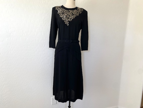 Vintage 1940s Dress Black Beaded Crepe Peplum Belt - image 1