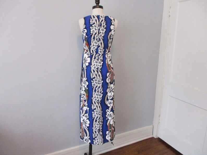 HILO HATTIE Hawaiian Set Vintage 1960s Blue Floral Cotton Sleeveless Maxi Dress Button Down Short Sleeve Shirt