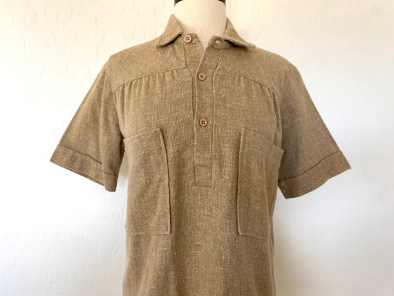 Camp Shirt Vintage 1970s Camel Brown Linen Pullov… - image 1