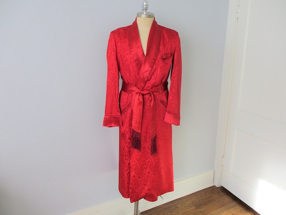 Smoking Jacket Robe Vintage 1940s Crimson Red Belt