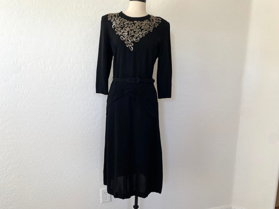 Vintage 1940s Dress Black Beaded Crepe Peplum Belt - image 10