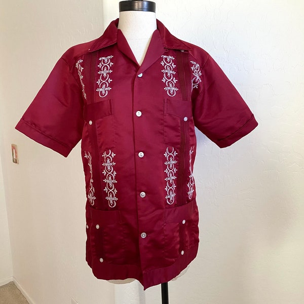 CAMPOS Loop Collar Shirt Vintage 1950s Mens Mexican Wedding Red White Embroidered Button Down