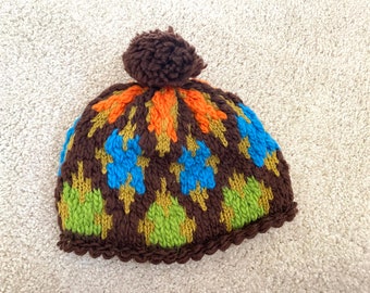 Stocking Cap Hat Vintage 1970s Hand Knit Multicolor Pom Pom