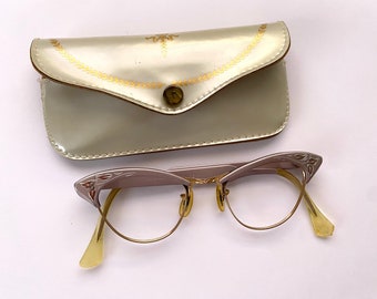 AMERIKAANSE OPTISCHE Cat Eye Bril Frames Vintage jaren 1950 Lavendel Geëtst Aluminium 12K Gold Filled Case