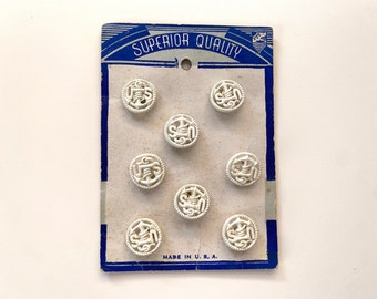 Military Buttons Vintage 1930s 1940s Beige Celluloid US Navy Anchor Set of 8 Sewing