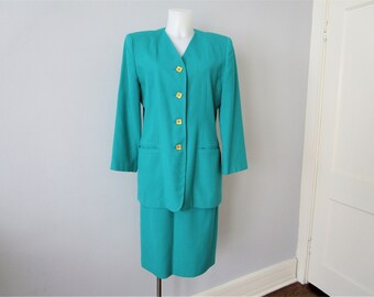 OLEG CASSINI Suit Vintage 1980s Green Oversized Blazer Jacket Pencil Skirt