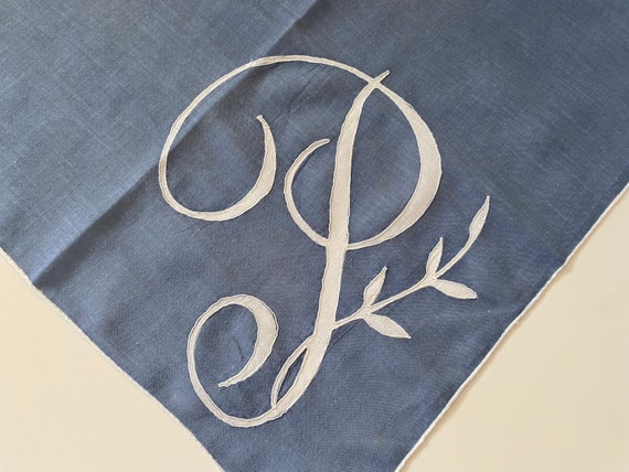 Monogrammed Hankie Vintage 1950s Slate Blue White… - image 2