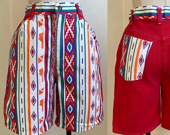 NO BOUNDARIES Shorts Vintage 1980er Jahre Rot Weiß Azteken Print Baumwolle Hohe Taille Lang