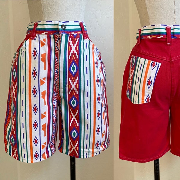 NO BOUNDARIES Shorts Vintage 1980s Red White Aztec Print Cotton High Waist Long