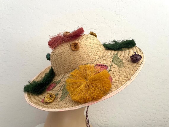 Sun Hat Vintage 1950s Beige Straw Wide Brim Raffi… - image 5
