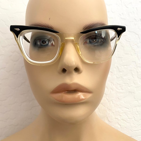 AMERICAN OPTICAL Cat Eye Glasses Vintage 1950s Black Clear Lucite Frames