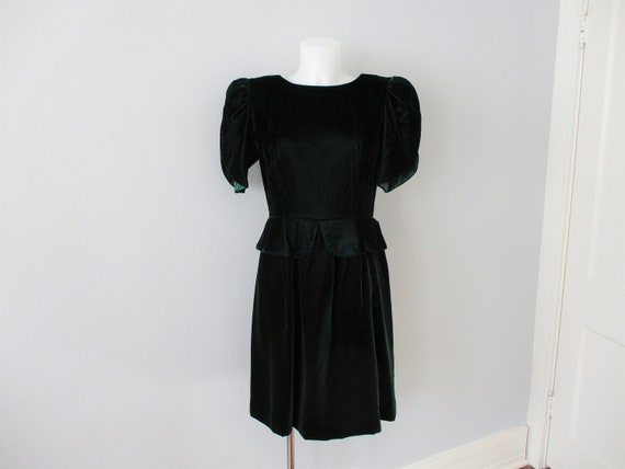 LANZ Velvet Dress Vintage 1980s Forest Green Peplu