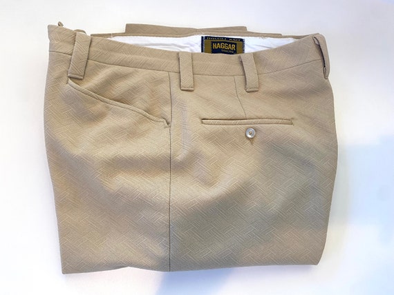 HAGGAR Pants Vintage 1970s Mens Beige Double Knit Geometric